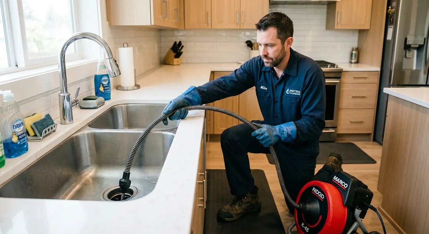 Drain cleaning technician using a motorized snake on a kitchen sink in Fallon