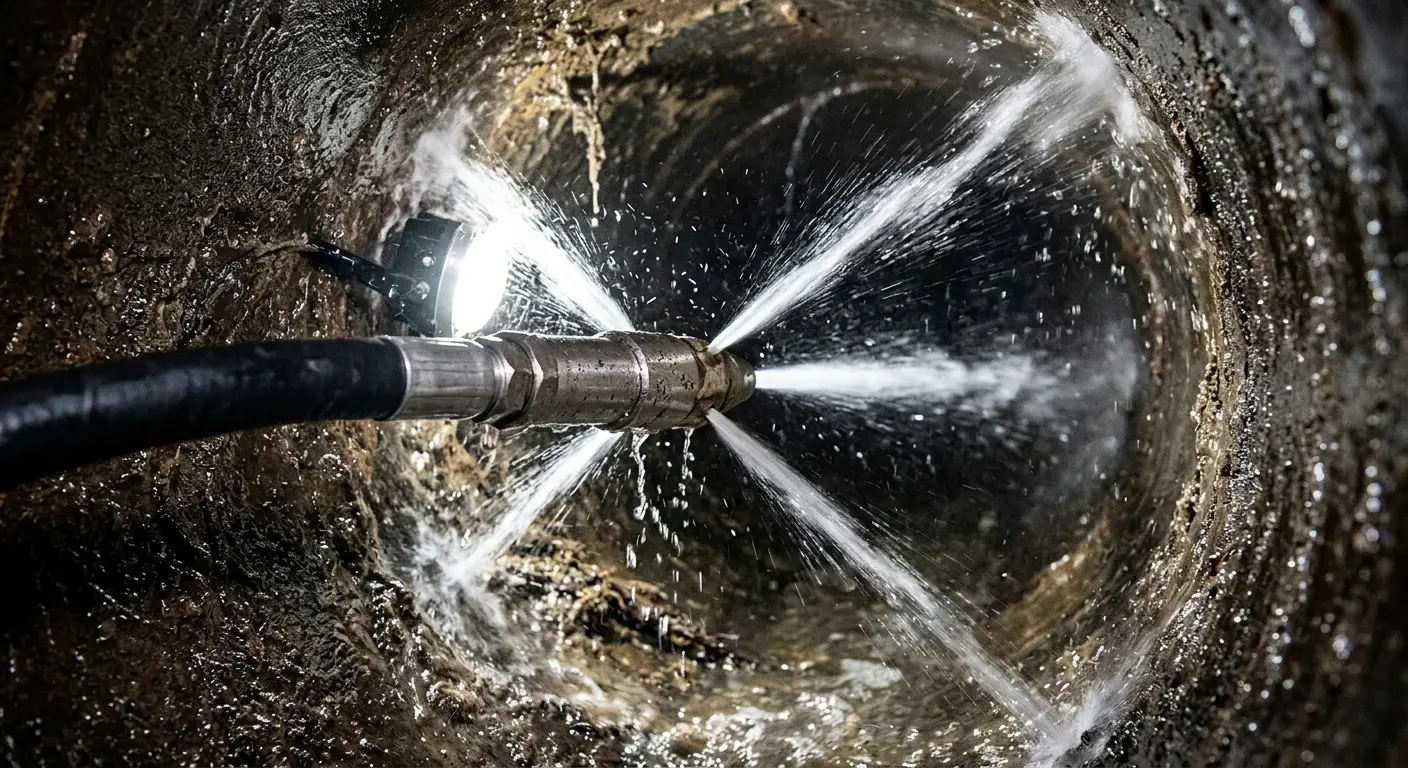 High-pressure hydro jetting nozzle cleaning sewer pipe for Sewer Cleanout in Fallon