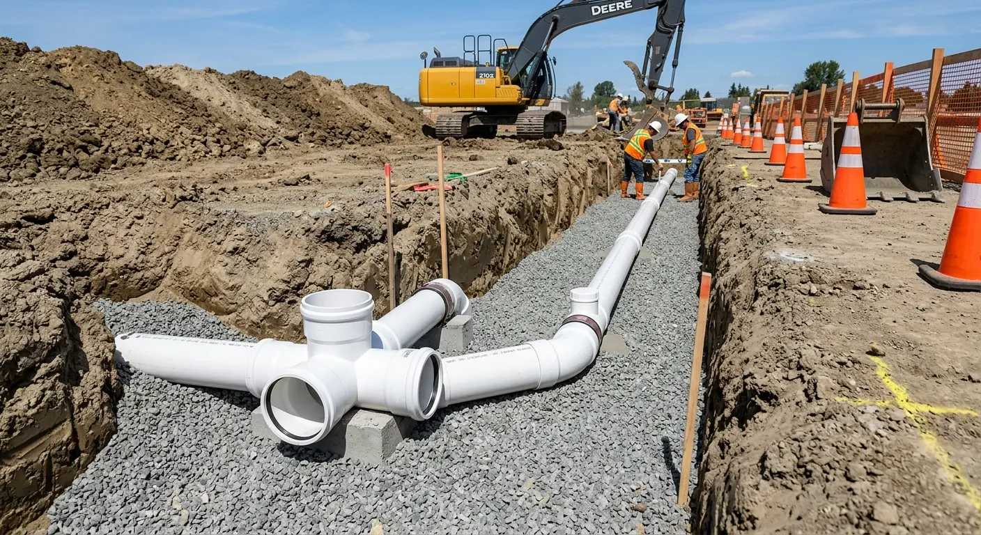 New PVC sewer pipe installation in open trench for Commercial Drain Cleaning in Fallon