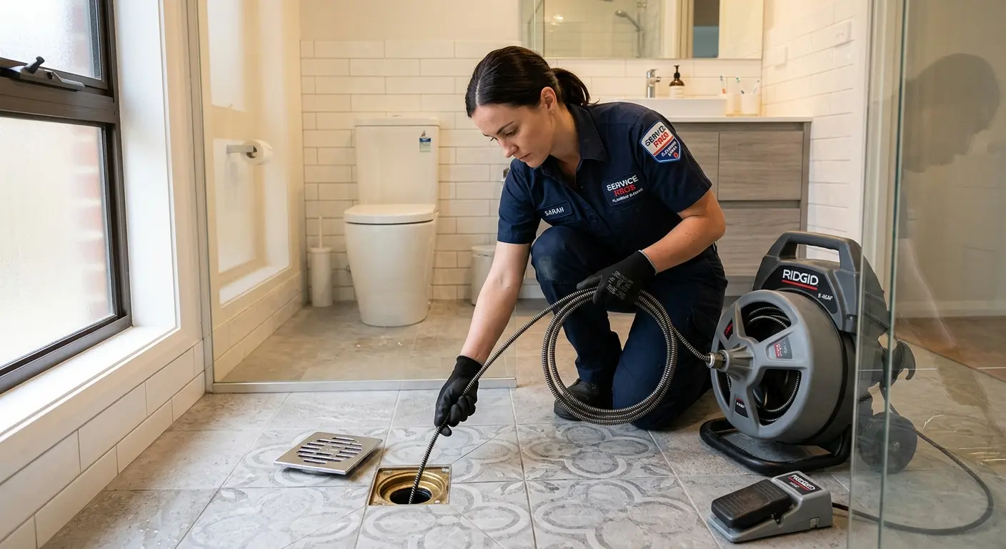 Technician clearing a bathroom floor drain for Hydro Jetting in Fallon